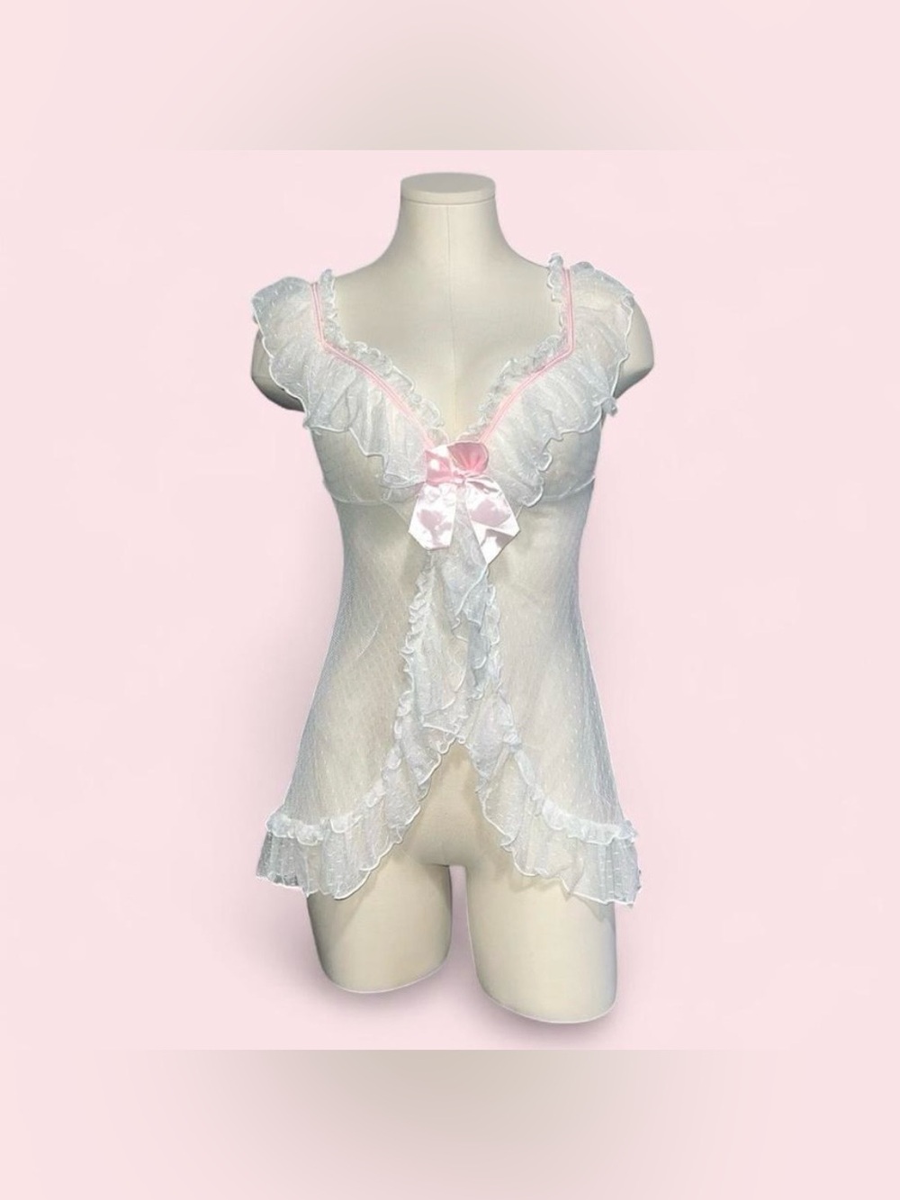 Source Unknown White Sheer Ruffle Chemise with Pink Satin Bow